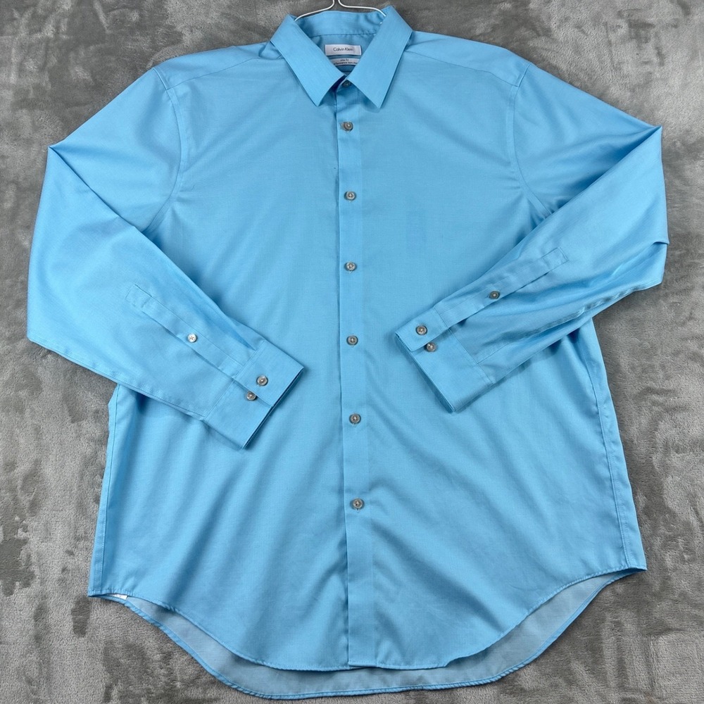 Calvin Klein Dress Shirt Mens 17 32/33 XL Slim Fit Blue Performance Non-Iron EUC
